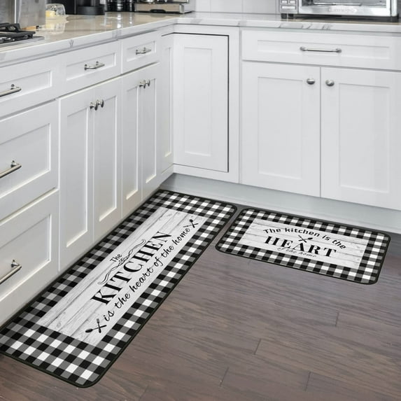 Black and White Kitchen Rugs, Buffalo Plaid Kitchen Rug, Fun Kitchen Rug with Words, Farmhouse Country Kitchen Rugs, Kitchen Runner Rugs Non-Skid Washable, Plaid Kitchen Mats for Floor Set of 2