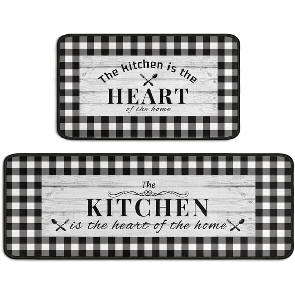 Black and White Kitchen Rugs, Buffalo Plaid Kitchen Rug, Fun Kitchen Rug with Words, Farmhouse Kitchen Rugs, Kitchen Sink Rug, Kitchen Runner Rugs Non Skid Washable, Plaid Kitchen Mat Set of 2