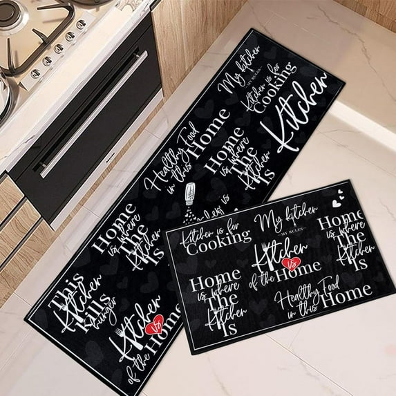 Black White Kitchen Rugs and Mats Non Skid Washable Set of 2, Phrase Doodle Blackboard Kitchen Mats for Floor, Cooking Phrase Kitchen Runner Rug, Funny Home Kitchen Decor