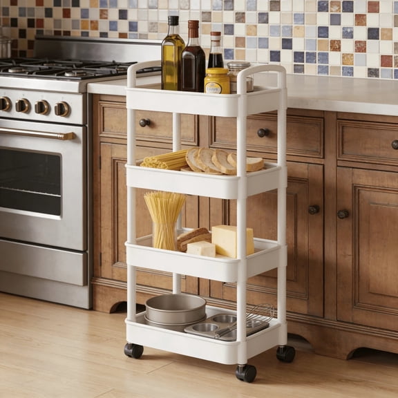 Black & White Kitchen Storage Cart - 3/5-Tier Optional With 360 °   Swivel Wheels, Mobile Rolling Organizer For Snacks Fruits & Spices, Versatile Shelf For Living Room & Study