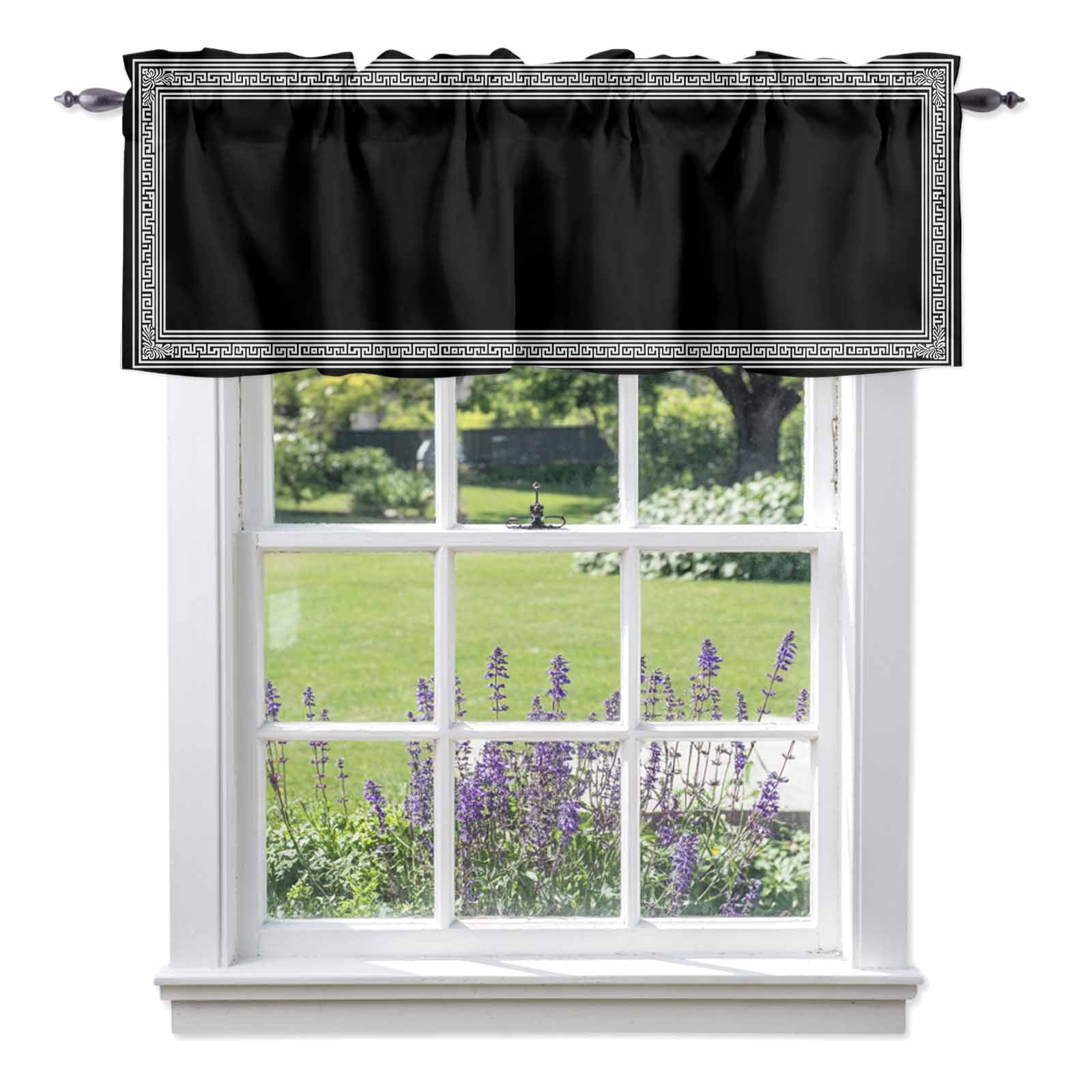 Black White Kitchen Valances, Geometric Greek Key Bordered Abstract Art ...