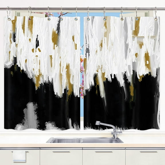 Black and White Kitchen Window Curtains, Modern Abstract Mid Century Window Drape Curtains 2 Panels, Contemporary Kitchen Window Drapes with Hooks, 55X39in