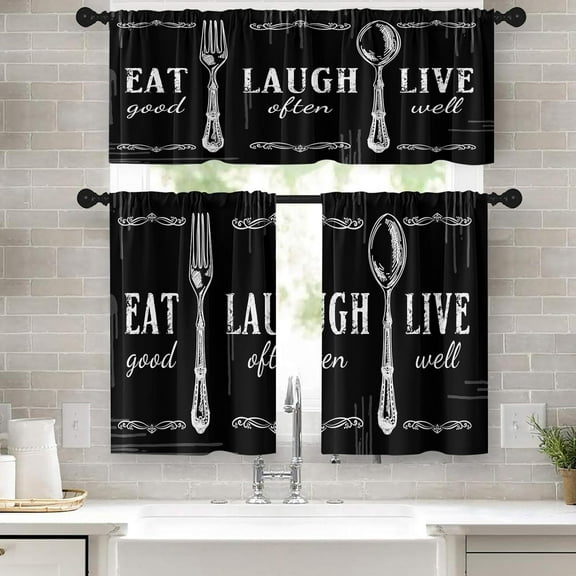 Black White Kitchen Window Curtains Valance and Tier Set 36 Inch Farmhouse Eat Good Laugh Often Live Well Rod Pocket Short Tier Curtain, Abstract Small Drapes for Kitchen Decor