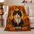 thumbnail image 1 of Black and White Kitten among Orange Autumn Flowers, Warm Folk Art Style for Cat Lovers, Fall Floral Pet Portrait and Birthday Gift, Cozy Flannel Blanket for Living Room and Bedroom, Home Decor, 1 of 9