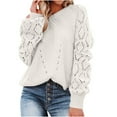 thumbnail image 1 of Black White Knit Sweater Long Sleeve Round Neck Hollow Out Solid Color Knit Tops Casual Pullover Sweaters Women, 1 of 6