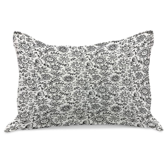 Black and White Knitted Quilt Pillowcover, Floral Composition Doodle Style Foliage Sketch Abstract Feminine Theme, Standard King Size Pillow Cover for Bedroom, 30" x 20", Black White, by Ambesonne