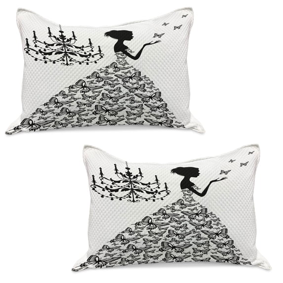 Black and White Knitted Quilt Pillowcover Set of 2, Madame Butterfly Black Chandelier Woman Silhouette Cartoon Wedding Gown, Standard Queen Pillow Sham Bedroom, 30" x 20", Black White, by Ambesonne