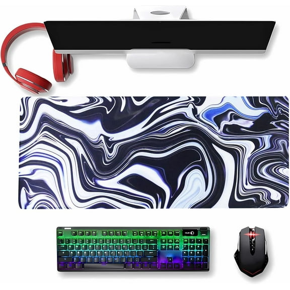 Black White Large Mouse Pad XXL Extended Abstract Waves Mousepad Marble Texture Non-Slip Rubber Base Gaming Mouse Mat Rectangle Laptop Keyboard Desk Pads(Size:35.4x15.7in)