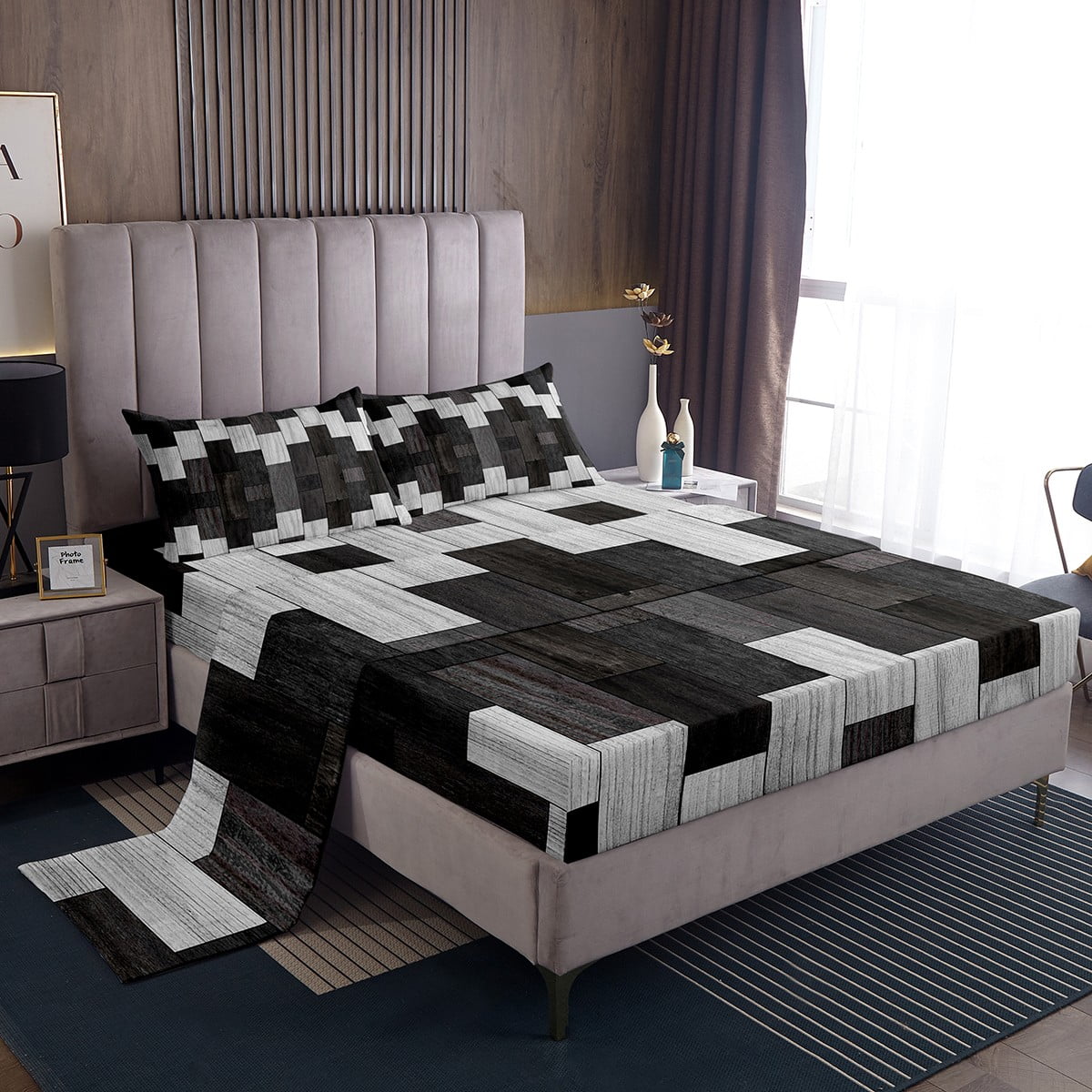 Black White Lattice Bed Sheets Set Geometric Wooden Parquet Sheet Set