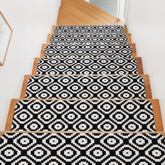 Black White Lattice Stair Treads Non Slip for Steps Geometric Modern Simple Abstract 4 Pcs Reusable Adhesive Stair Runner Mats for Dogs Elders Carpet Treads Rugs for Staircase 8x30 In