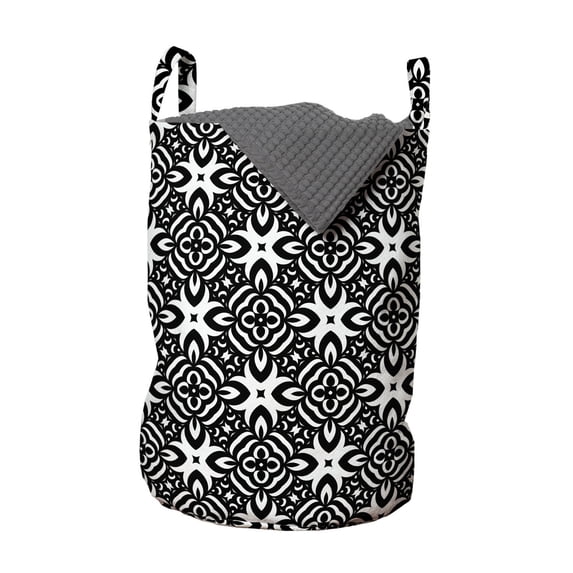 Black and White Laundry Bag, Abstract Checkered Pattern Design with Monochrome Floral Details Vintage, Basket with Handles Drawstring Closure for Laundromats, 13" x 19", Black White, by Ambesonne