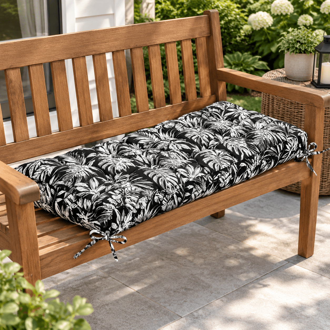 Black White Leaf 48X18X4 Inch Outdoor Bench Tufted Patio Seat Cushion ...