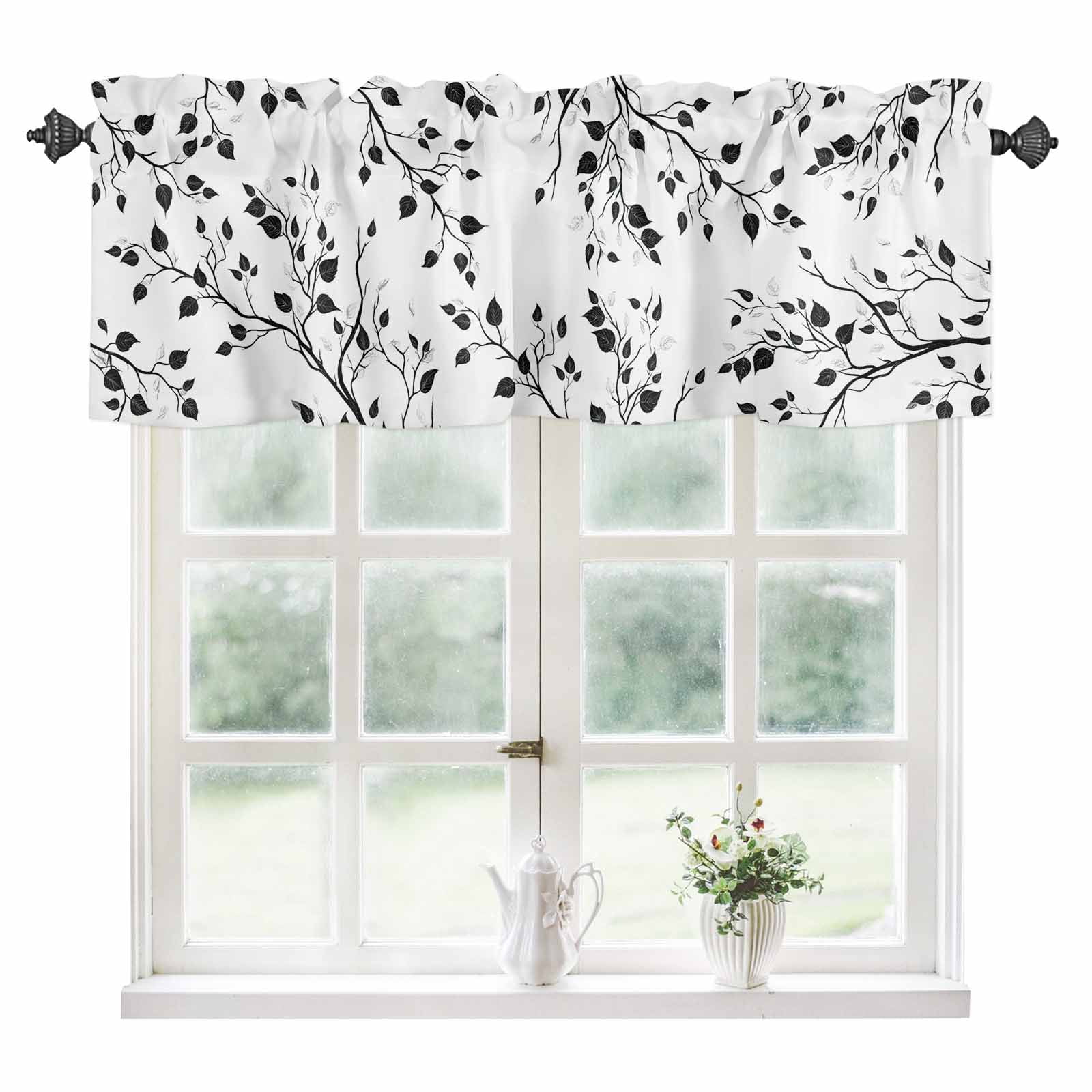 Black White Leaves Kitchen Valances for Windows 42x12 Inch Kitchen ...