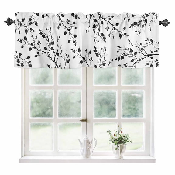 Black White Leaves Kitchen Valances for Windows 42x12 Inch Kitchen Curtains Valances Rod Pocket Minimalist Natural Trees Watercolor Bathroom Window Valances for Window Treatment Decor