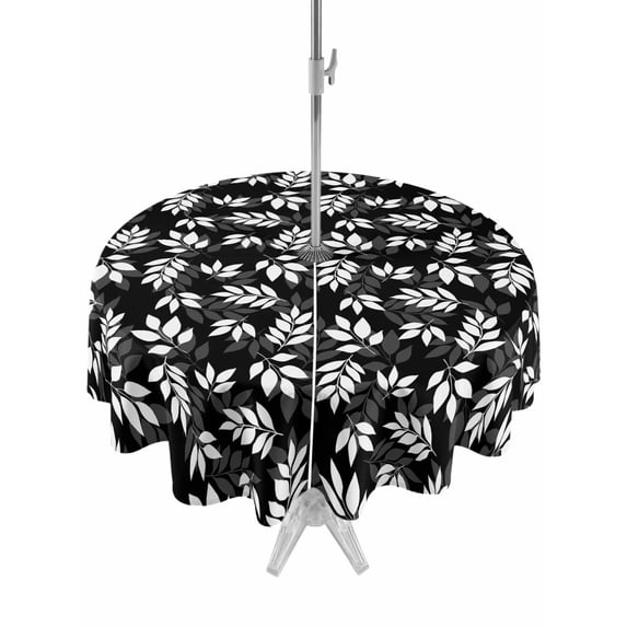 Black White Leaves Outdoor Tablecloth with Umbrella Hole, Spring Pastoral Rustic Botanical Spillproof Waterproof Outdoor Table Cover, Patio Tablecloths for Party/Garden/Picnic, Round 54 inch