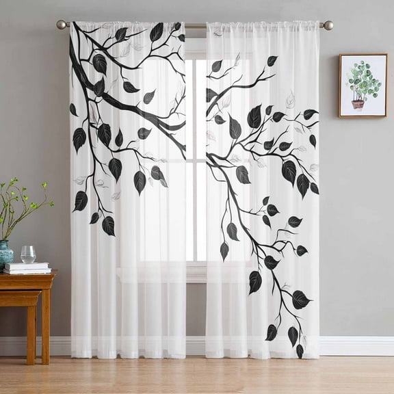 Black White Leaves Semi Sheer Curtains 72 Inch Length 2 Panels Set, Minimalist Natural Trees Watercolor Sheer Kitchen Curtain Privacy Voile Window Curtain for Living Room Bedroom Rod Pocket Drapes