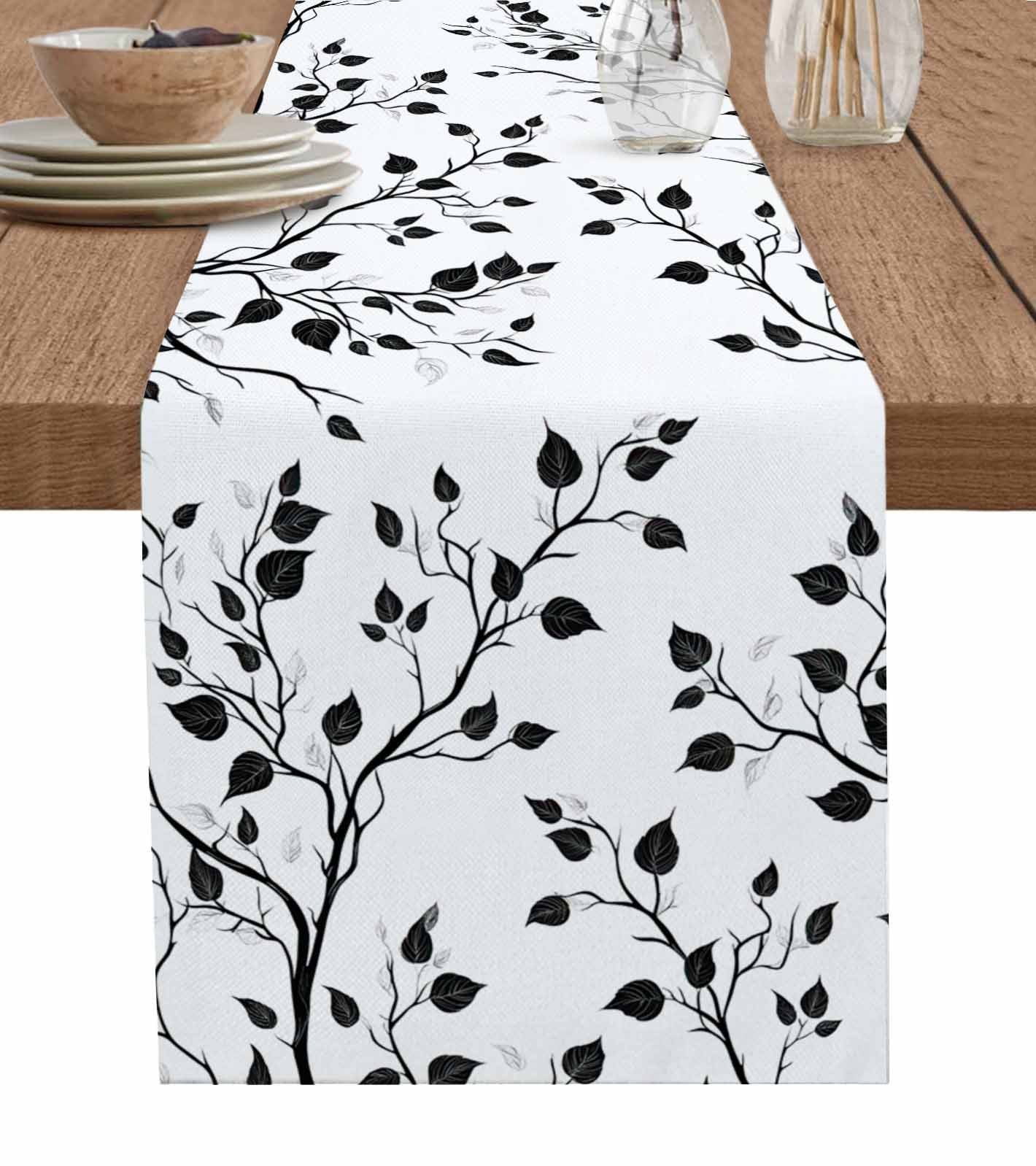 Black White Leaves Table Runner Minimalist Natural Trees Watercolor Tablerunners 13 x 108 Inch, Table Decorations Tabletop Scarf for Summer Gathering Holiday Farmhouse Kitchen Dining Decor