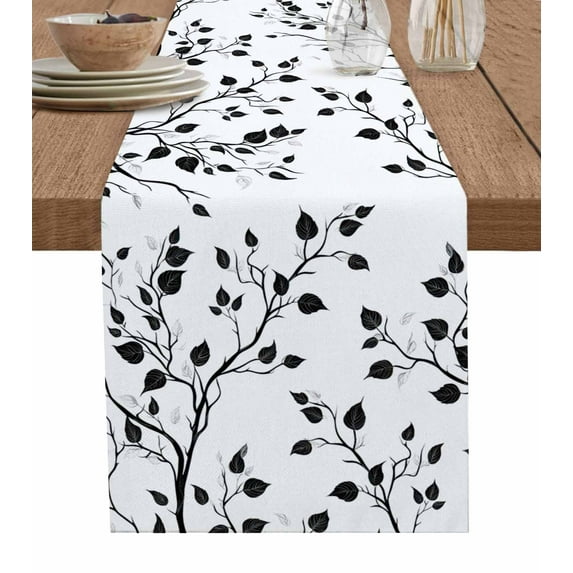 Black White Leaves Table Runner Minimalist Natural Trees Watercolor Tablerunners 13 x 36 Inch, Table Decorations Tabletop Scarf for Summer Gathering Holiday Farmhouse Kitchen Dining Decor