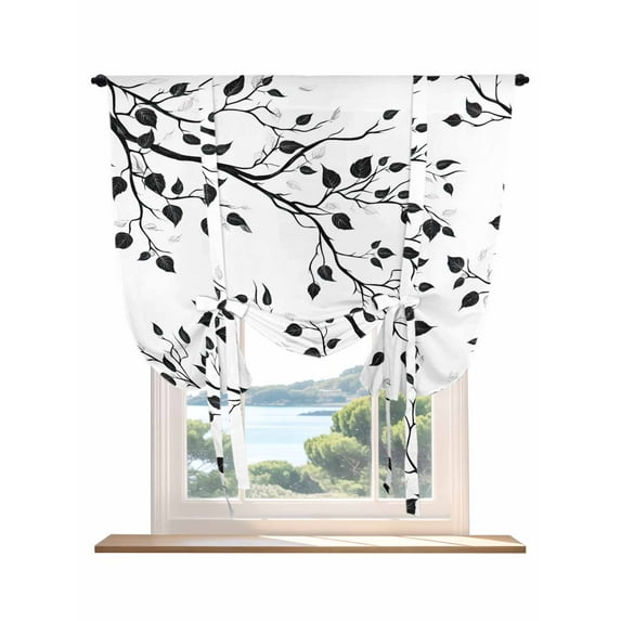Black White Leaves Tie Up Curtains for Windows 45 Inch Length Balloon Curtains Kitchen Adjustable Balloon Window Shade Minimalist Natural Trees Watercolor Tie Up Bathroom Curtain Window 52"x45"
