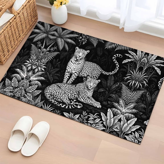 Black And White Leopard 2'x3' Rug for Entryway Front Door Kitchen Sink Area, Tropical Plants Palm Leaf Jungle Animal Low Pile Non Slip Rectangle Area Rug, Machine Washable Indoor Outdoor Mat