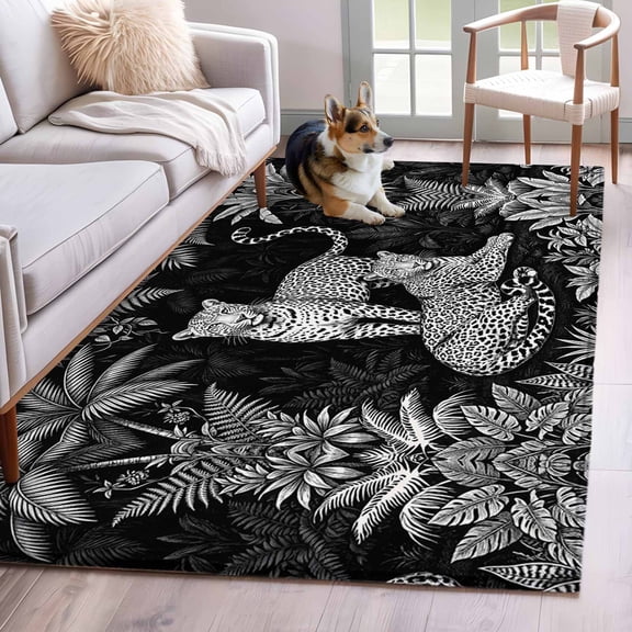 Black And White Leopard 4'x6' Rug for Dining Table for 4 People Under Table, Tropical Plants Palm Leaf Jungle Animal Non Slip Rectangle Area Rug, Machine Washable Indoor Outdoor Mat