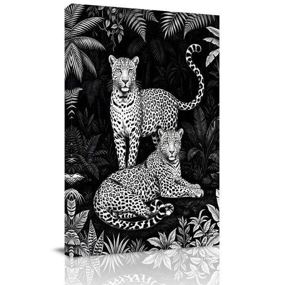 Black And White Leopard Canvas Wall Art for Living Room, Tropical Plants Palm Leaf Jungle Animal Poster Print Painting for Bedroom Office Home Decoration Wall Pictures Prepare To Hang 16"x16"