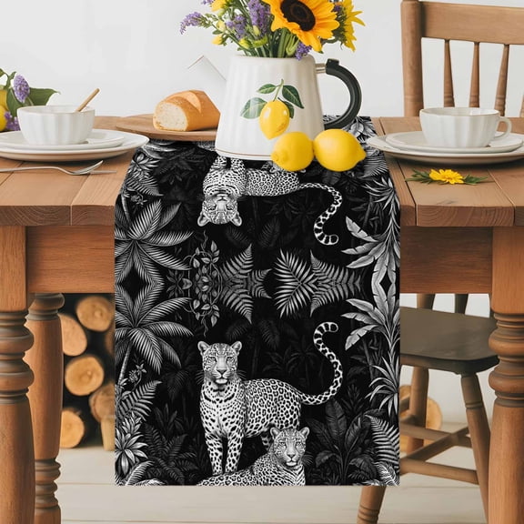 Black And White Leopard Dining Table Runner, Tropical Plants Palm Leaf Jungle Animal Washable Table Runners Kitchen Coffee Table Center Decor for Home Party Holiday Wedding 13 x 48 Inches
