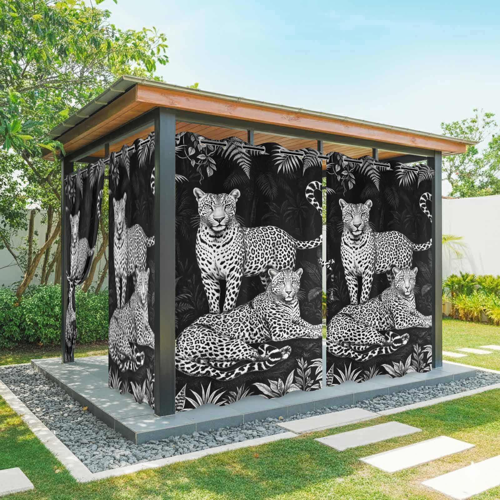 Black And White Leopard Outdoor Curtains for Patio, Tropical Plants Palm Leaf Jungle Animal Sunshade Privacy Drapes Grommet Waterproof Outside Curtains for Porch/Cabana/Balcony 54"x 108", 1 Panel