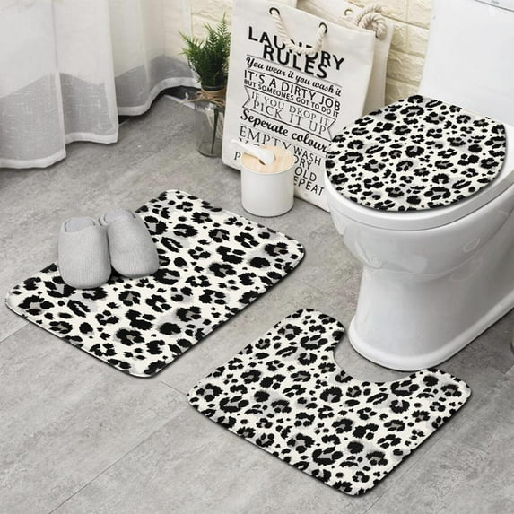 Black and White Leopard Pattern Bathroom Rugs Sets 3 Piece,Toilet Cover Set,Absorbent Non Slip Bathroom Mats Sets with U-Shaped Contour Rug Toilet Rug Set