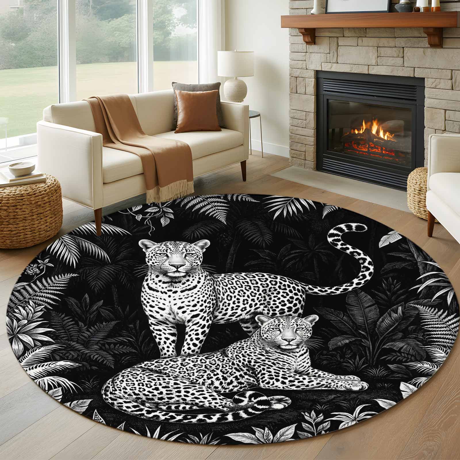 Black And White Leopard Round Rugs for Living Room 5ft Tropical Plants ...