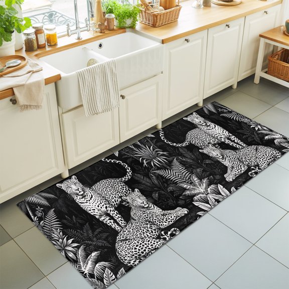 Black And White Leopard Washable Runner Rugs 2'x6', Tropical Plants Palm Leaf Jungle Animal Washable Runner Rug Non-Slip Sturdy Edge Binding Carpet for Bedside Hallway Runner Kitchen Galley