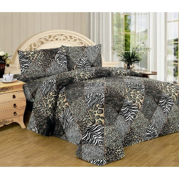 Black White Leopard Zebra King Size Sheet Set 4 Pc Safari Animal Print Pillow Shams Bedding