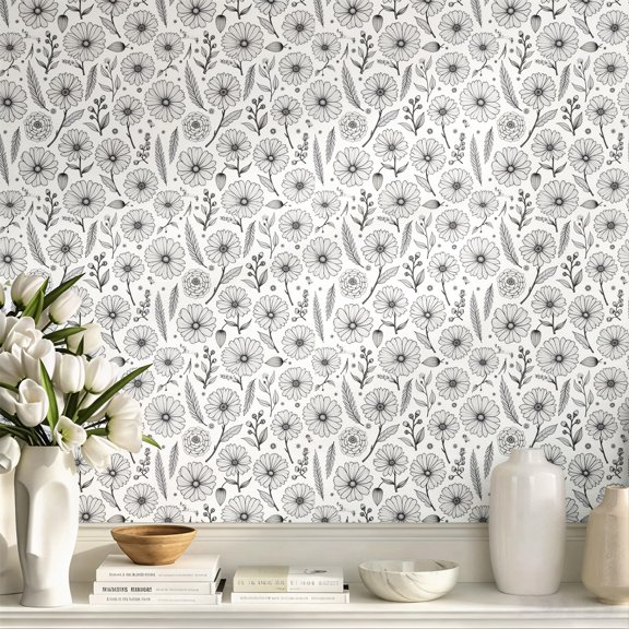 Black and White Line Art Daisy Floral Peel and Stick Wallpaper, Vintage Minimalist Aesthetic Wall Art, Wall Decor, Art Print, Elegant Whimsical Home Decoration for Bedroom, Living Room, Apartment
