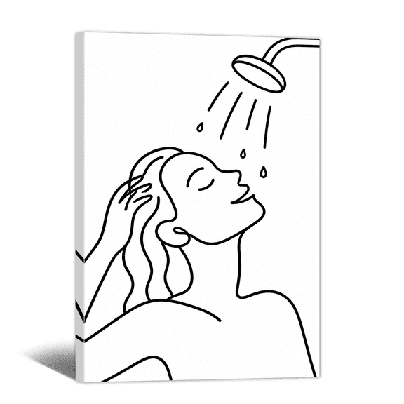 Black & White Line Bathing Canvas Wall Art Shower Expression Picture Print, Relaxing Minimalist Artwork Modern Painting for Home, Restroom, Bathroom Wall Decor