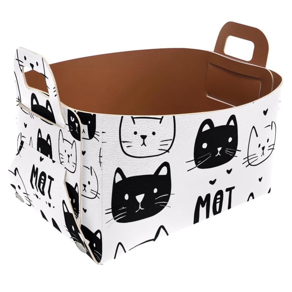 Black & White Line Cat Storage Basket Collapsible Storage Bin, PU Foldable Basket Convenient Box Storage Organizer with Handles for Shelves Office Bedroom Closet Nursery Toys Laundry