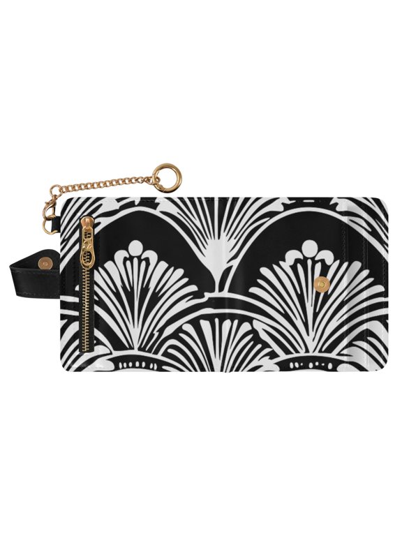 Black and White Line Shell Small Wallet for Women RFID Blocking Bifold PU Leather Credit Card Holder with Zipper Coin Pocket Compact Cute Travel Purse Magnetic Snap 7 Card Slots