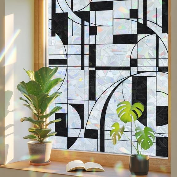Black White Linear Grid Window Privacy Film, Modern Abstract Geometric Minimalist Lines Plaid Stained Glass Rainbow Film Decorative Window Clings, Static Cling Sun Blocking Stickers 17.7" x 39.3"