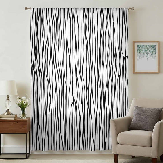 Black White Lines Sheer Curtains 84 Inches Long, Retro Stripes Texture Minimalist Art Light Filering Curtains, Breathable Simi Curtain Privacy Drapes for Living Room Bedroom Window Treatment