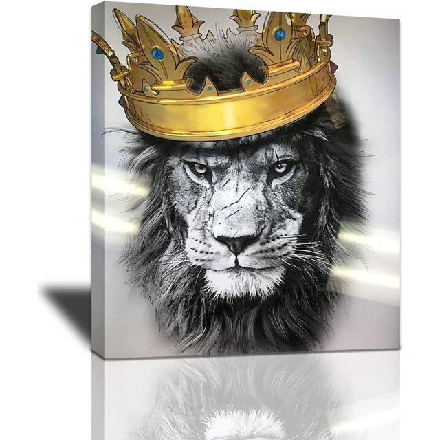 Black and White Lion with Crown Canvas Wall Art Abstract King Animal