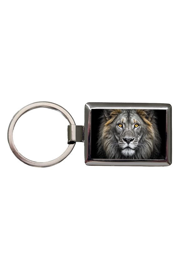 Black White Lion's Face with Gold Eyes Metal Rectangle Keychain