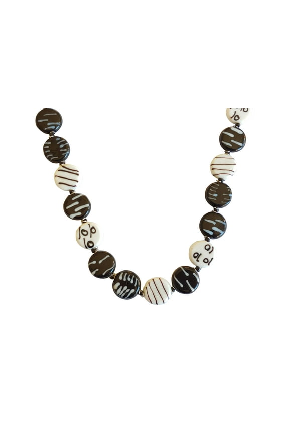 Black & White Long Beaded Necklace | Round Flat Randomly Painted Glass Beaded Jewelry | Handmade Chunky Design Fashion Statement Women Necklace