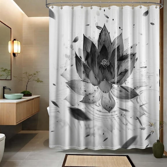 Black and White Lotus Shower Curtain Japanese Grey Floral Zen Shower Curtains for Mens Bath Curtain Set, Waterproof Cloth Fabric with Hooks-36"W x 72"L (Pack of 1)