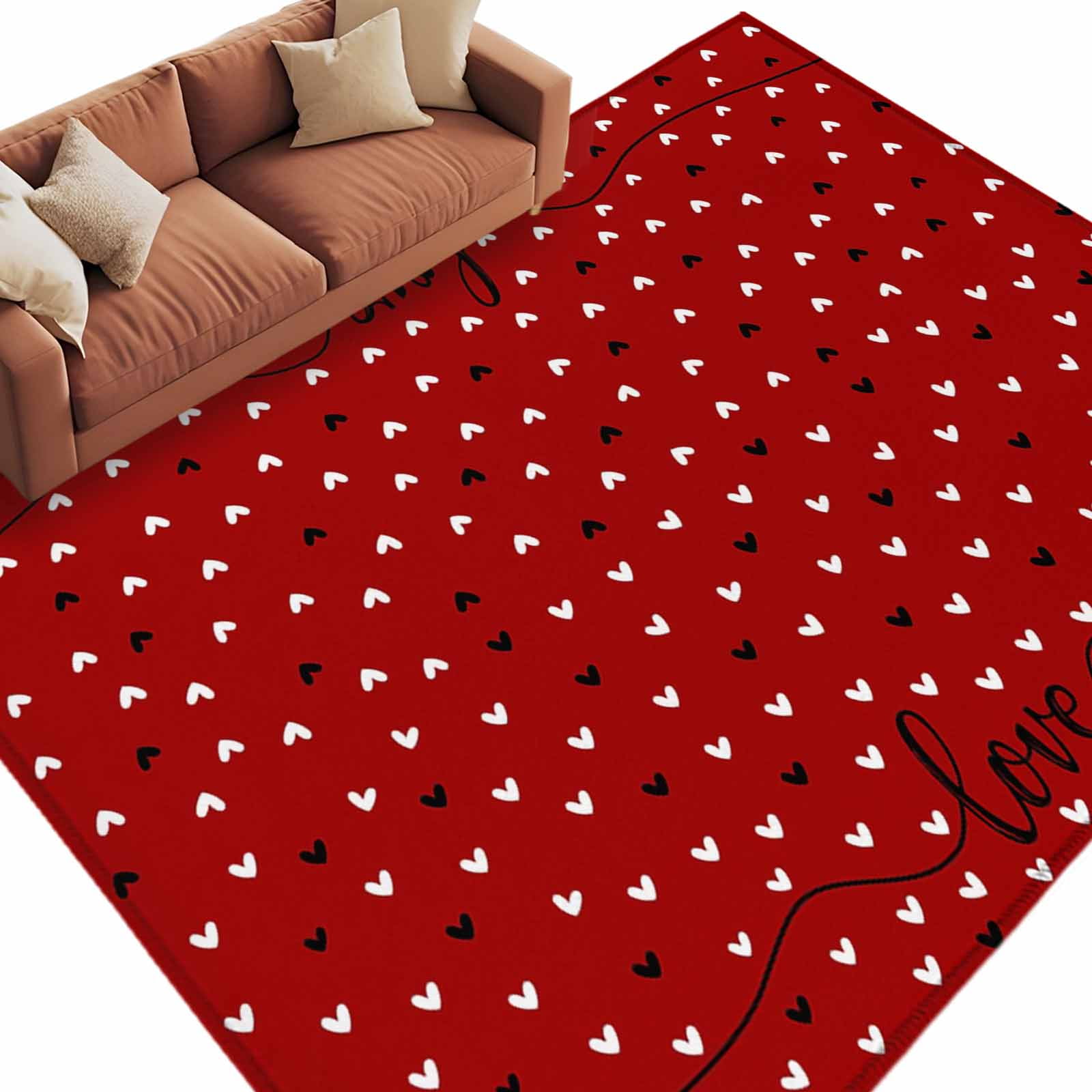 Black White Love Heart Valentines Red Washable Area Rug 6 x 9 ft, Soft ...