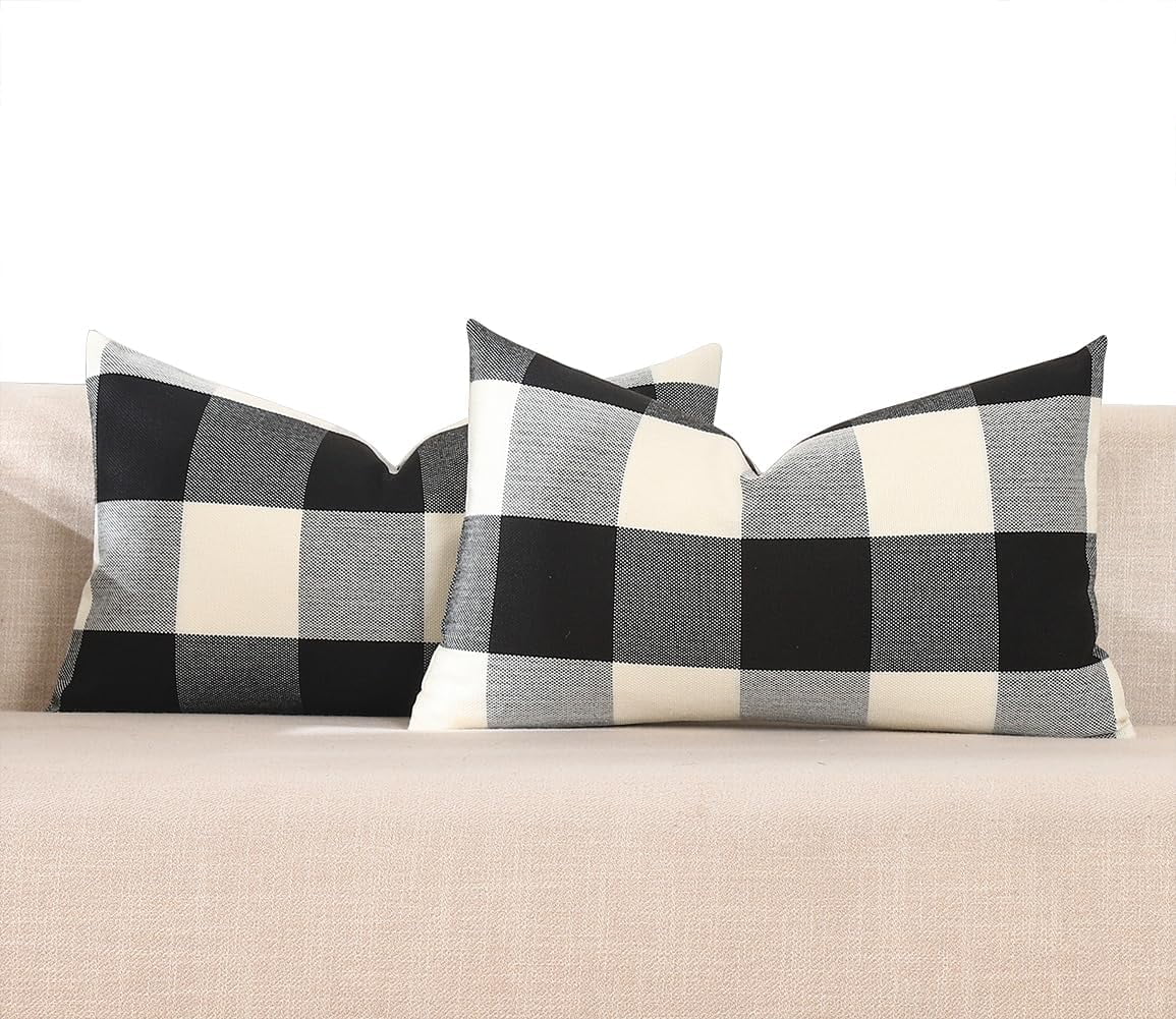 Black and White Lumbar Plaid Pillow Covers 12x20 Set of 2 Black Buffalo Check Pillow Covers 12 x 20 Outdoor Farmhouse Lumbar Throw Pillows for Couch, Sofa and Patio