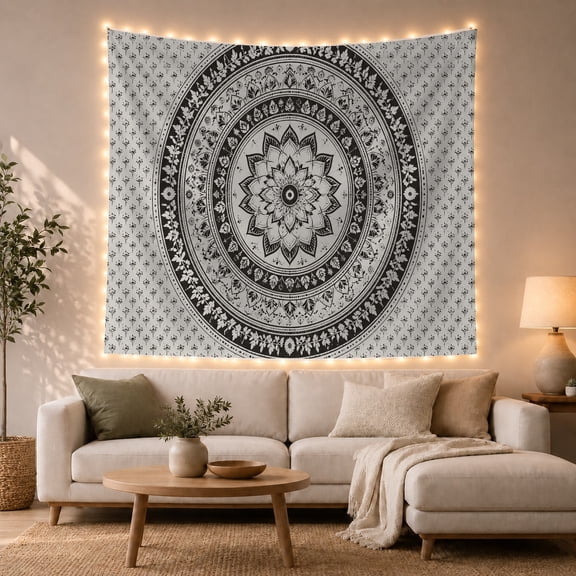 Black and White Mandala with Lotus Center, Serene Boho Style for Meditation Enthusiasts, Spiritual Wall Art, Housewarming Gift, Tapestry Wall Hanging for Bedroom and Yoga Room