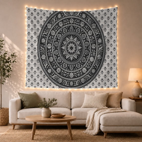 Black and White Mandala with Paisley Rings, Serene Boho Style for Meditation Enthusiasts, Spiritual Wall Art, Housewarming Gift, Tapestry Wall Hanging for Bedroom and Yoga Room