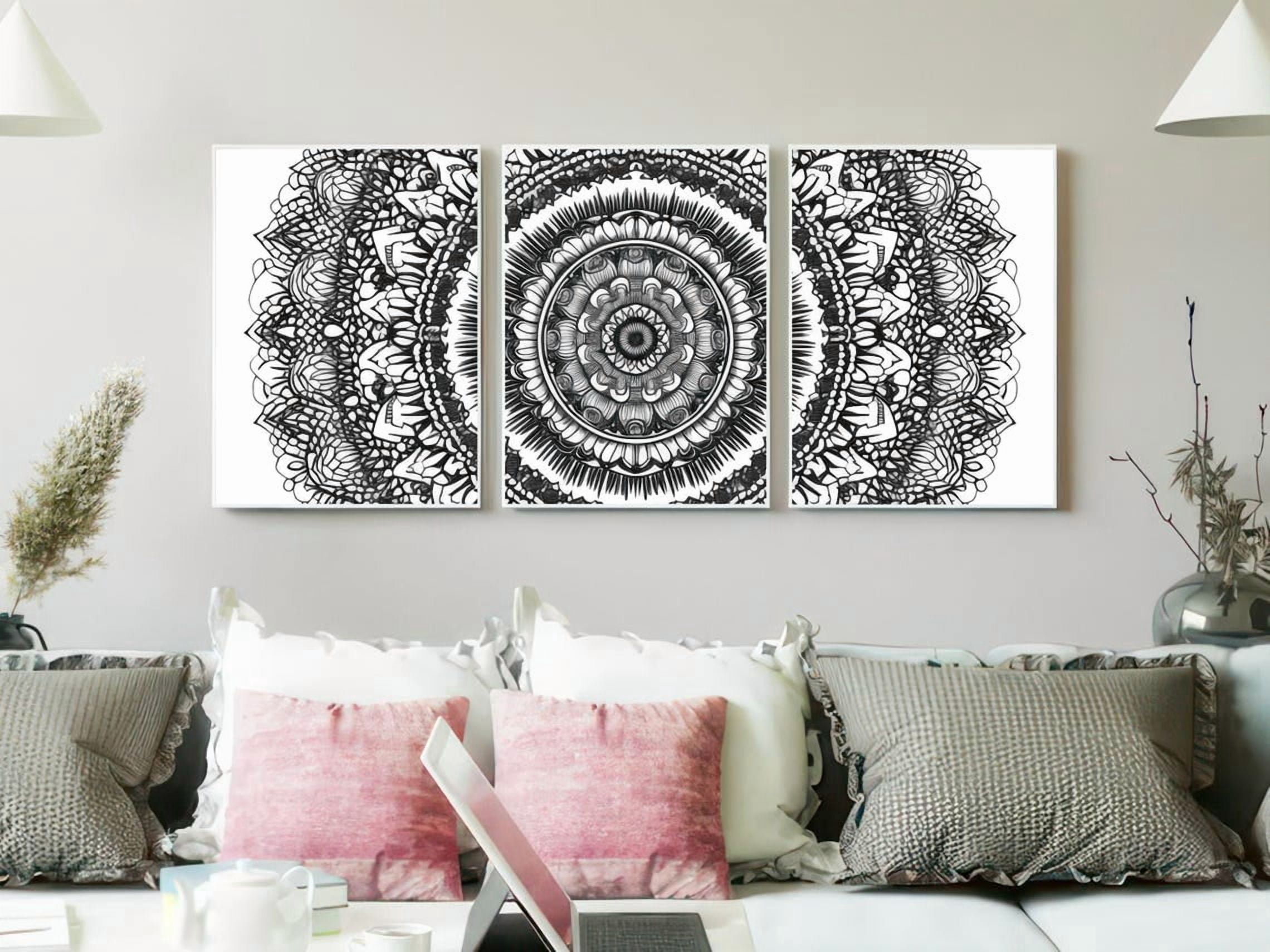 Black White Mandala Prints Set Of 3, Minimalist Geometric Floral Wall ...