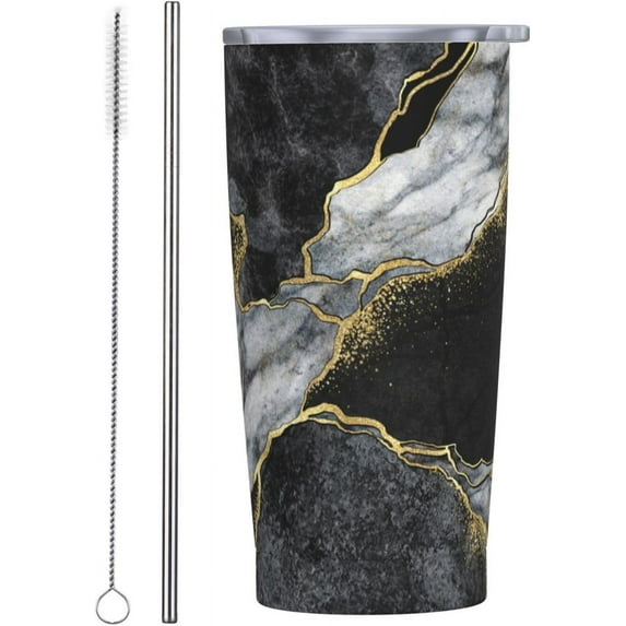 Black White Marble 20oz Stainless Steel Cups, Insulated Stainless Steel Travel Coffee Mug Tumbler With Lid And Straw Durable Coffee Cup Water Bottle For Hot & Cold Drinks