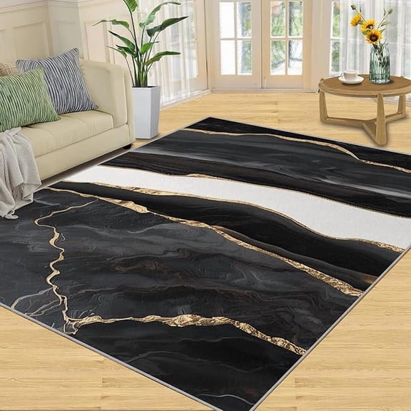 Black and White Marble Area Rug, Black Gold Geometric Agate Texture Living Room Rugs, Large Machine Washable Non Slip Carpet for Dining Room Home Office 3 x 4ft