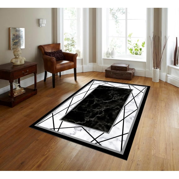 Black and White Marble Area Rug Modern Light Luxury Geometry Area Rugs with Non Slip Rugs for Living Room Bedroom Carpet Stain Resistant, Home Decor Office Rug 3x4ft